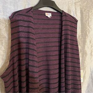 Lularoe XL “Joy” vest, sleeveless cardigan purple with sheer black stripes, NEW